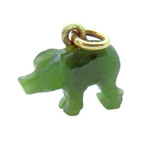 Vintage 14K Gold & Carved Green Jade Pig Good Luck Charm Pendant
